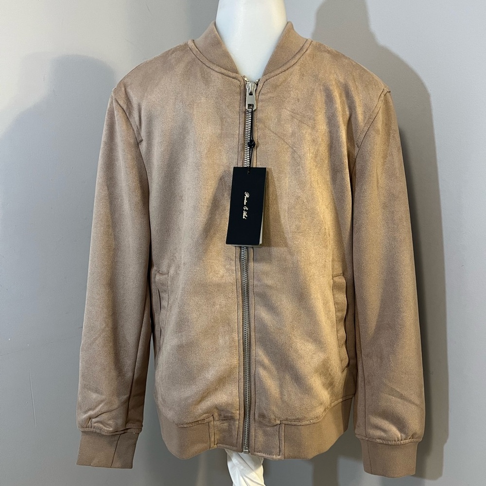 Tan Suede Bomber Jacket with Ribbed Details